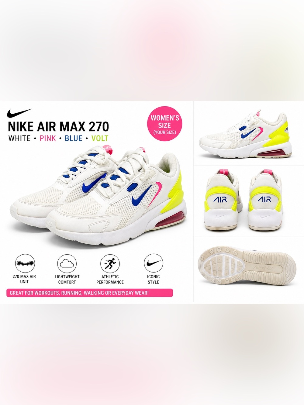 Nike Air Max 270 White Pink Blue Volt Sneakers Women’s 9 Used As-Is